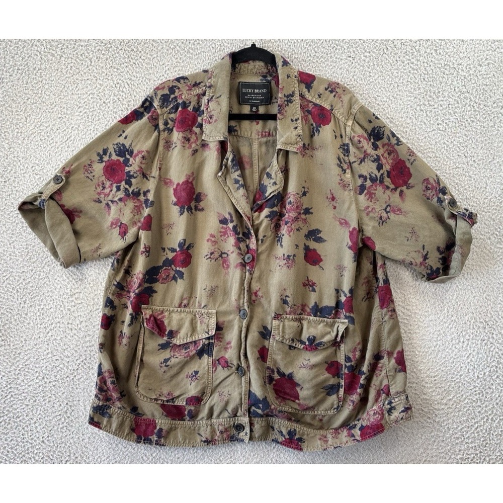 Lucky Brand Blazer Womens 2x Olive Green Floral Linen Viscose‎ Roll-Tab Boho